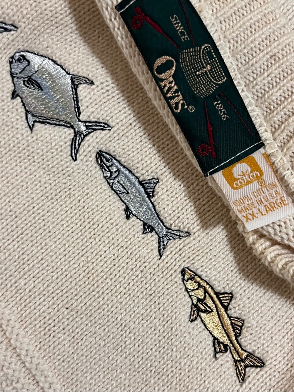 Vintage Orvis Embroidered Saltwater Fish Sweater XXL Cream 100% Cotton Fishing - Picture 2 of 5